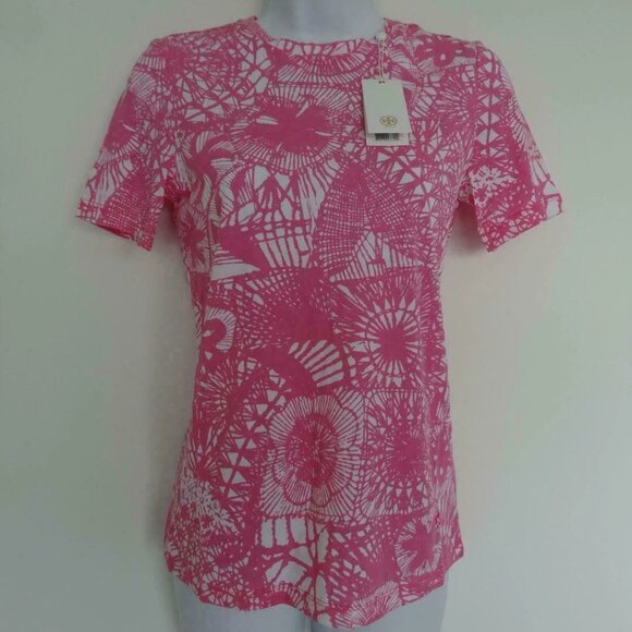 NWT TORY BURCH Pima Cotton Waterlily Pink Dreamcatcher Printed T Shirt Top XXS - Picture 1 of 6